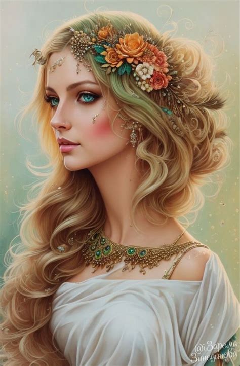 A Painting Of A Woman With Long Blonde Hair And Flowers In Her Hair Wearing A White Dress