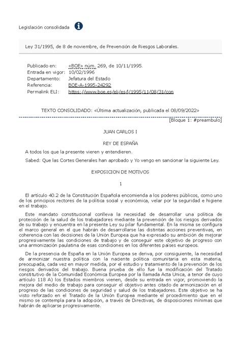 Ley 31 1995 De 8 Noviembre Prevencion Riesgos Laborales