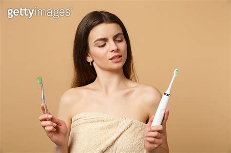 Close Up Brunette Half Naked Woman 20s With Perfect Skin Nude Make Up