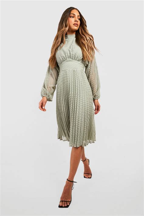 Womens Dobby Pleated High Neck Midi Dress Boohoo Uk