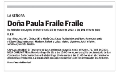 Paula Fraile Fraile Esquela Necrol Gica El Norte De Castilla