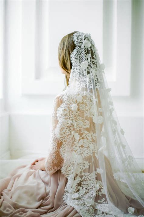 Off White Scalloped Edge Wedding Veil With Hand Sewn Textile Petals