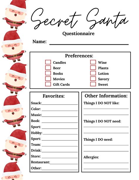 Secret Santa Sign Up Sheet Secret Santa Questionnaire Secret Santa Gift