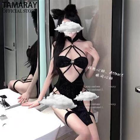 Sexy Lingerie Women S Sexy Tight Slitting Slit Hanging Strap Hollow Out Long Dress Nightclub