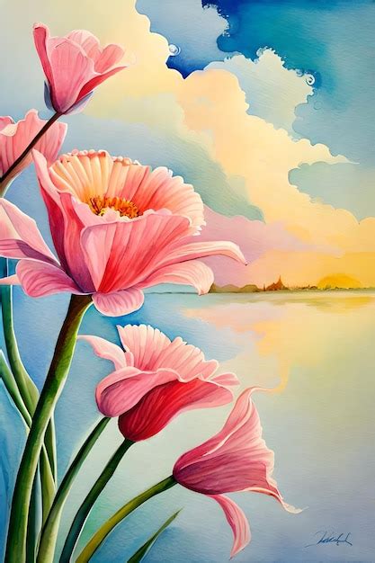 Premium AI Image | A painting of flowers with a sunset in the background