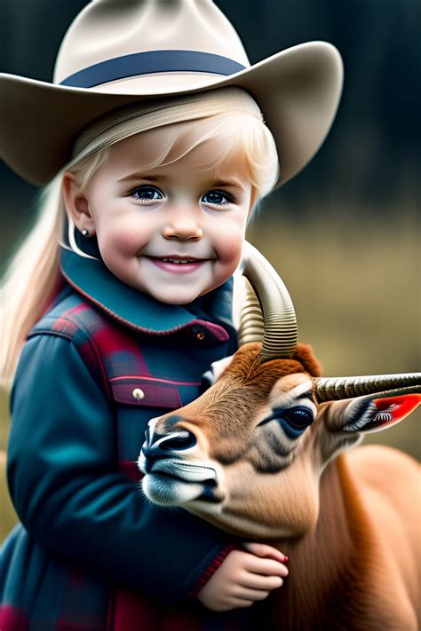 Lexica A Year Old Blonde Girl With A Hat Petting A Cute Ibex