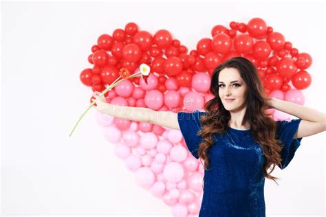Brunette Woman With Red Heart Balloons And Flowers Stock Photo Image Of Beautiful Girl