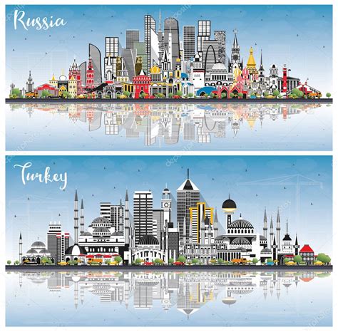 Russia And Turkey City Skylines With Gray Buildings Blue Sky And