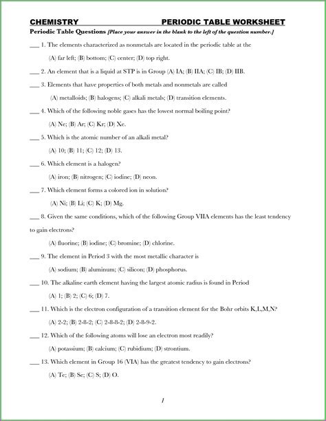 Periodic Table Basics Worksheet Key