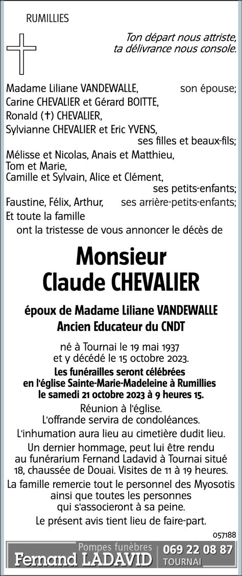 Avis de décès de Claude CHEVALIER décédé le 15 10 2023 à Tournai