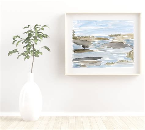 Rocky Beach Watercolor Print Beach Wall Art Printable Minimalist Art