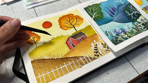 Watercolor Folk Art Landscape Using Warm Colors Youtube