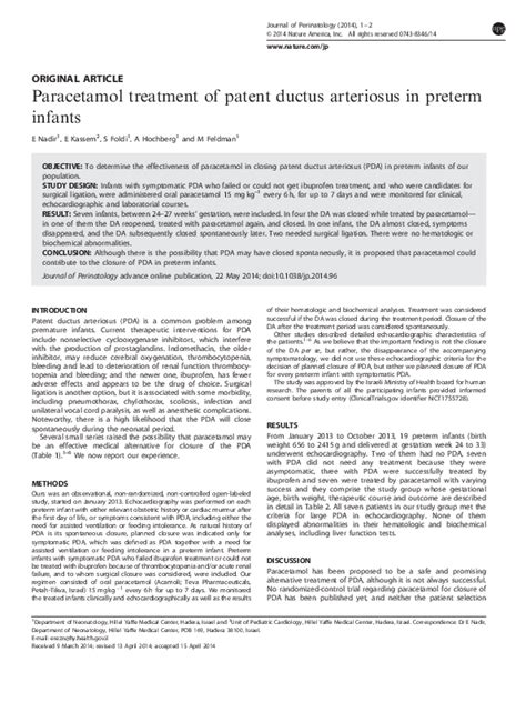 Pdf Paracetamol Treatment Of Patent Ductus Arteriosus In Preterm