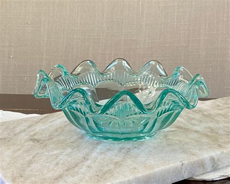 Beautiful Vintage C1960 Teal Blue Ruffle Edge Glass Bowl In Perfect Condition Etsy