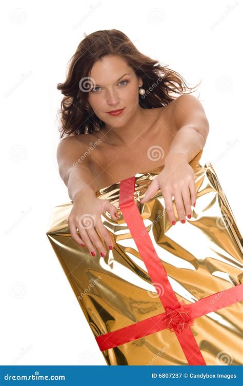 Beautiful Naked Woman Behind A Big Christmas Gift Stock Image Image Of Posing Design 6807237