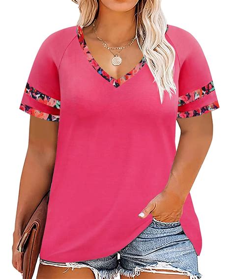 Tiyomi Plus Size Tunics For Women X Floral Shirts Casual Summer Short Sleeve Hot Pink V Neck