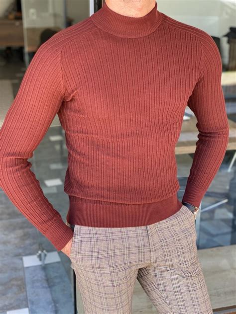 Brown Slim Fit Mock Turtleneck Sweater For Men By GentWith