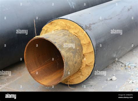 A Close Up Of Pre Insulated Multilayer Metal Steel Pipe For Hot Water And Heating Prefabricated