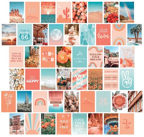 Peach And Teal Aesthetic Wall Collage Kit Printed X Vsco Orange