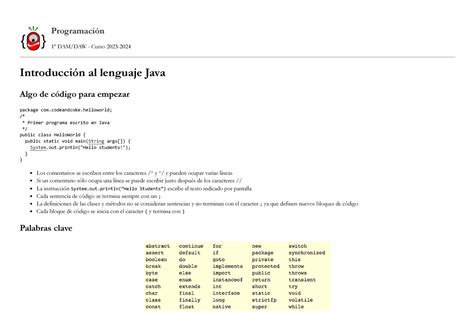 Apuntes introduccion java Programación 1º DAM DAW Curso 2023