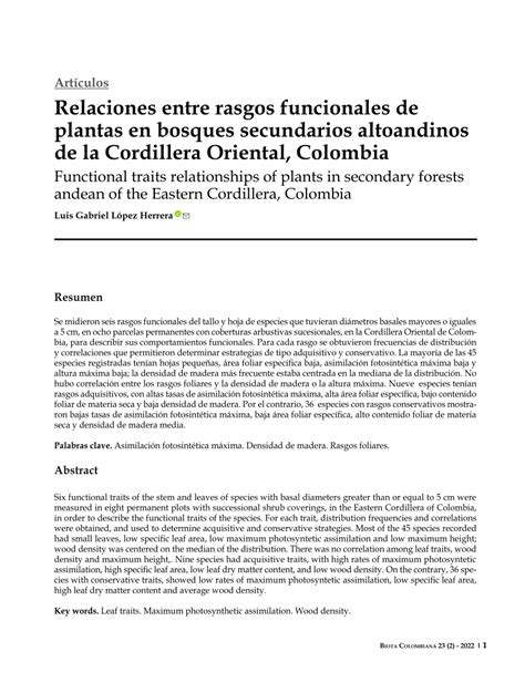 Pdf Relaciones Entre Rasgos Funcionales De Plantas En Bosques Secundarios Altoandinos De La