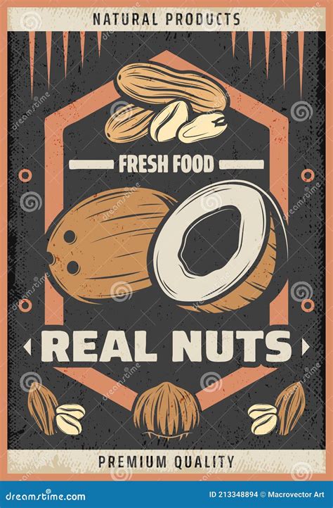 Vintage Colored Natural Fresh Nuts Poster Stock Vector Illustration