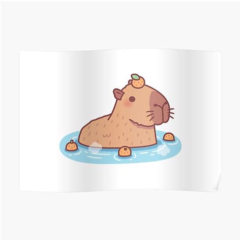 Cute Capybara With Orange On Head Chilling In Hot Spring Poster For Sale By Rustydoodle