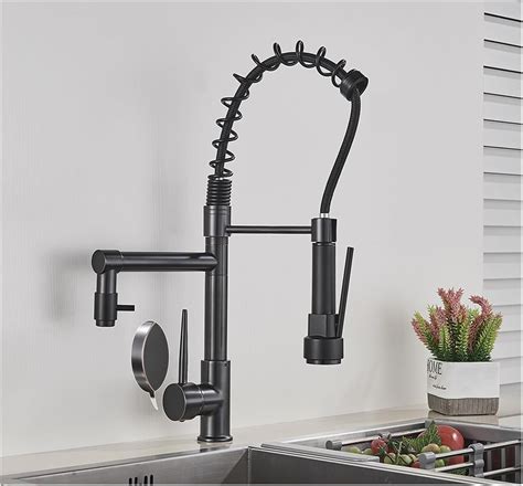 Black Pull Down Brass Kitchen Sink Faucet Hot Cold Water Mixer Crane Tap With Dual Spout