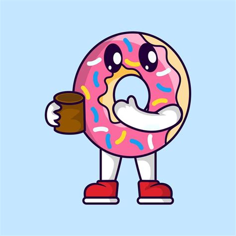 Cute Donut Mascot Holding Tea Cup Vector Art At Vecteezy