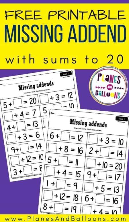 Missing Addend Addition Worksheets For First Grade Free Printable Pdf