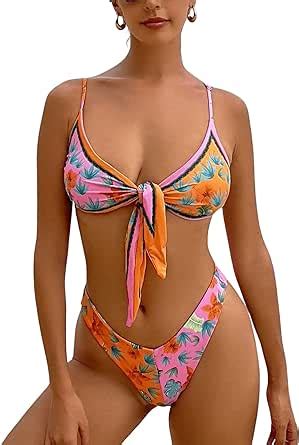 Amazon WDIRARA Women S Piece Swimsuits Floral High Cut Tie Front Vacation Bikini Set