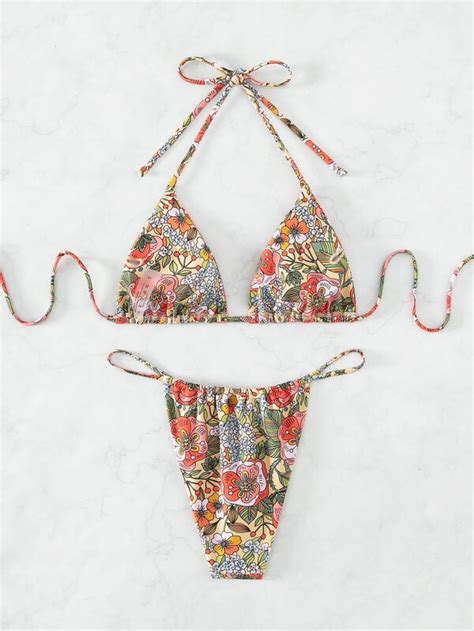 SHEIN Swim Mod Conjunto De Bikini Con Estampado Floral Sujetador Triangular Halter Y Parte