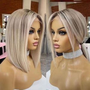 Ash Blonde Ombre Human Hair Wigs Lace Front Highlights Bob Wigs For Women Short Wigs Etsy