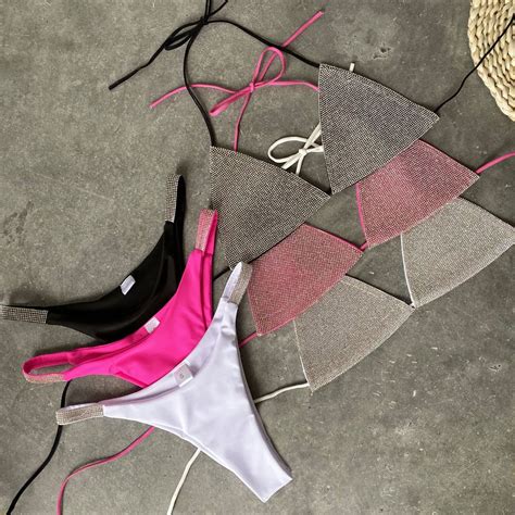 Bikini Sexy Hanging Sling Split Swimsuit Beach Bright Diamond High Waist Bikini White Pink