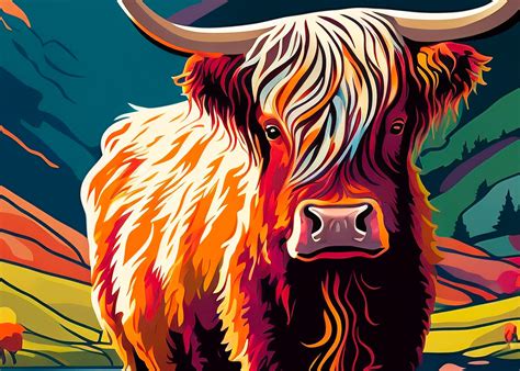 Colourful Highland Cow Animal Art Print Highland Cow Animal Etsy Uk