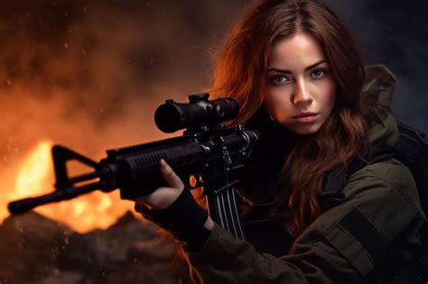 Belle Fille Blonde Fragile Avec Mitrailleuse En Uniforme Militaire Complet Photo Premium