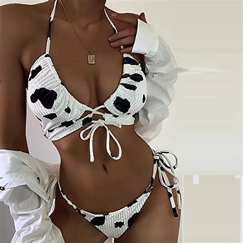 Women Bikini Swimsuit Two Piece Cow Print Strap Halter Bathing Suit Triangle Two Pieces Beach