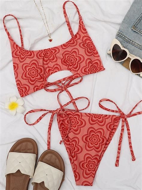 Emmiol Free Shipping Floral Tie Strap Bikini Set Red S In Bikini Sets Online Store EMMIOL