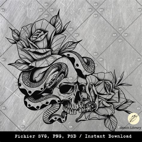 Skull Snake And Roses Tattoo Stencil Svg Png Psd Illustration