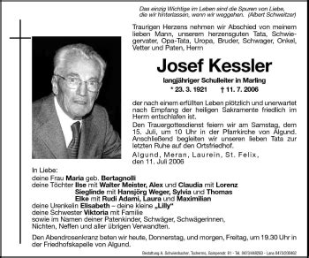 Traueranzeigen Von Josef Kessler Trauer Bz