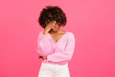 Despaired Sad Millennial African American Curly Woman In Casual