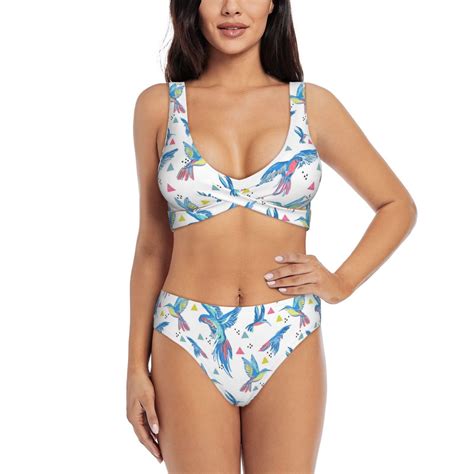 Womens Bikini Sets Two Piece Classic Watercolor Cute Parrot Cross Design Swimsuit High Waisted