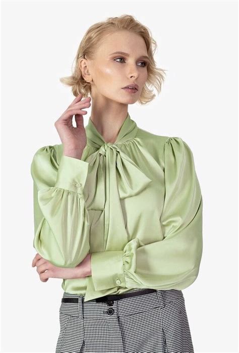 Pias Satin World Pussy Bow Blouse Blouse And Skirt Ruffle Blouse Green Satin Blue Green