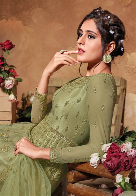 Light Green Net Embroidered Long Anarkali Suit