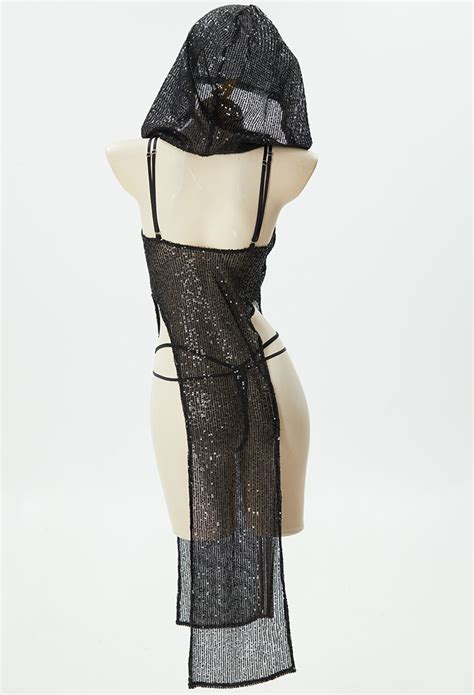 Gothic Sexy Lingerie Outfit Translucent Sequins Lace Up Lingerie Set With Arm Sleeves In Stock