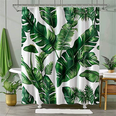 Monstera Leaf Tropical Rainforest Shower Curtain Set Green White