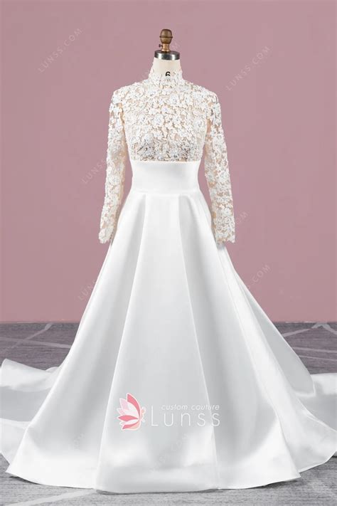 Modest Ivory Lace Satin High-neck Vintage Wedding Gown - Lunss