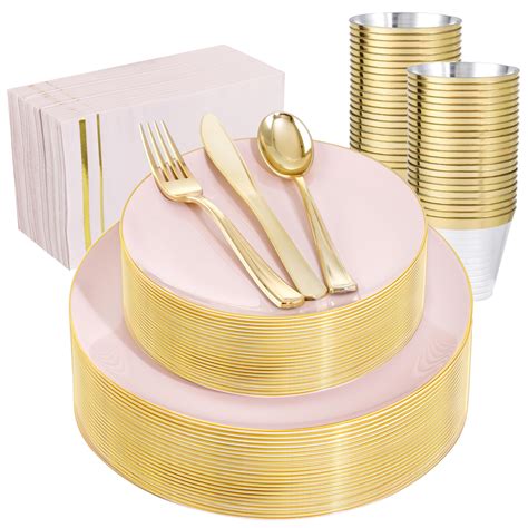 Noccur Pcs Pink And Gold Plastic Plates Pink Disposable Plastic