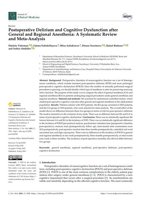 Pdf Postoperative Delirium And Cognitive Dysfunction After General And Regional Anesthesia A