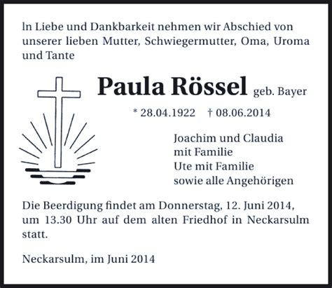 Traueranzeigen von Paula Rössel trauerundgedenken de